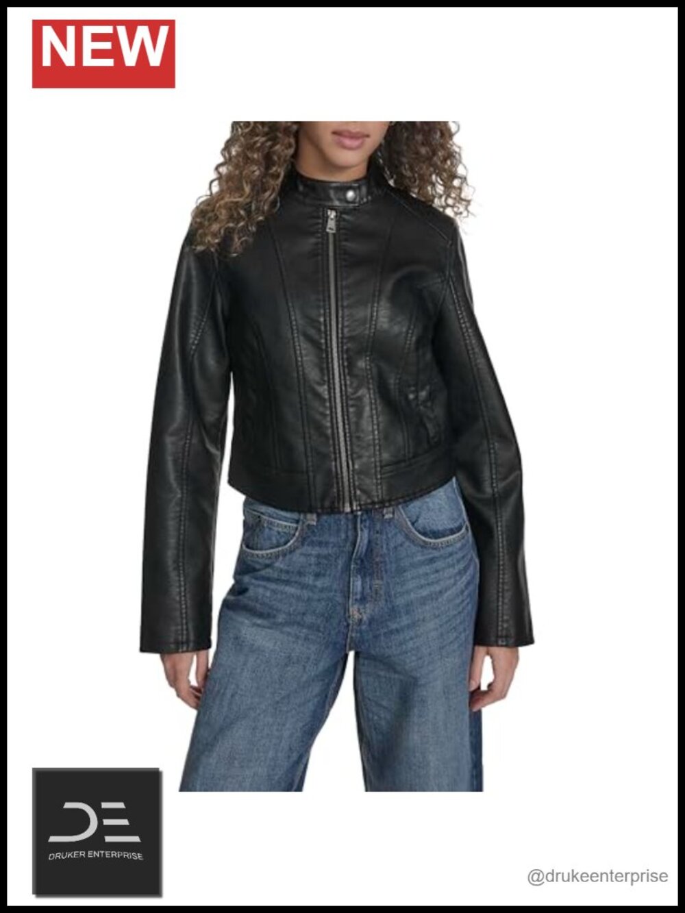 Faux Leather Racer Jacket Long Sleeve Stand Collar Zippered Front Pockets